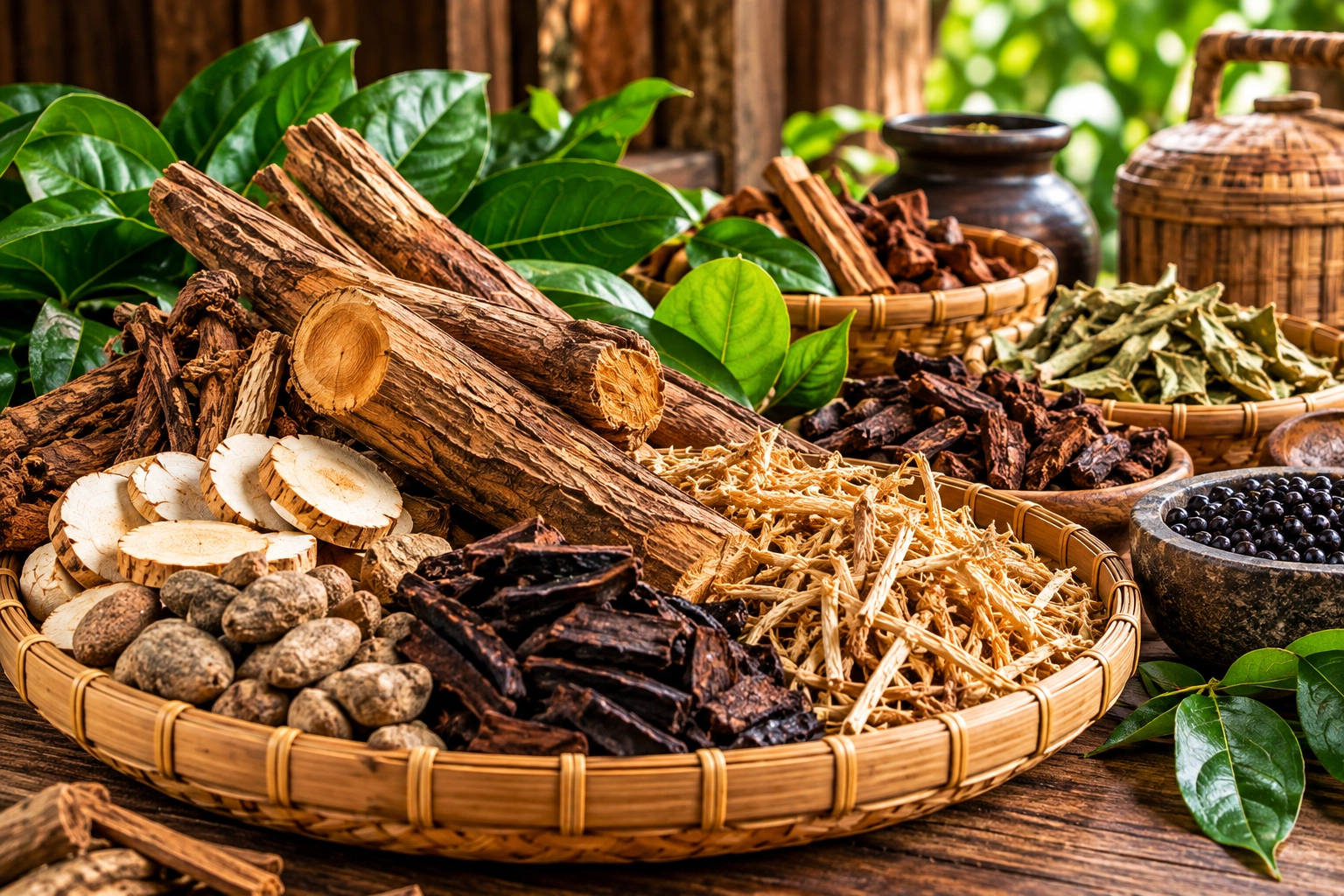 Ilustrasi akar kayu dan ramuan herba tradisional Majun Buasir Kelantan